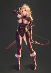 1girl armor ass_visible_through_thighs bangs between_breasts blonde_hair boots bow_(weapon) breasts brown_footwear brown_gloves buckle chaps elf facial_scar fingerless_gloves full_body gloves green_eyes grin highres holding holding_bow_(weapon) holding_weapon leather_armor leotard long_hair looking_at_viewer medium_breasts mugetsu2501 original parted_bangs pointy_ears pouch scar scar_on_cheek shoulder_armor sidelocks single_elbow_pad smile solo standing strap_between_breasts weapon 