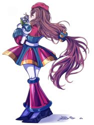  1girl android anniversary beret breasts brown_hair dress hair_between_eyes hat highres iris_(mega_man) koshianpancake long_hair mega_man_(series) mega_man_x4 mega_man_x_(series) simple_background smile solo white_background 