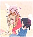  3girls bare_arms bare_shoulders black_hair blonde_hair blue_scrunchie blush chloe_von_einzbern closed_eyes commentary dark_skin eyebrows_visible_through_hair eyes_visible_through_hair fate/kaleid_liner_prisma_illya fate_(series) hair_ornament hair_scrunchie hairclip hand_on_another&#039;s_head heart hug hug_from_behind illyasviel_von_einzbern indoors long_hair looking_at_another miyu_edelfelt multiple_girls one_eye_closed outline pajamas pink_eyes pink_hair polka_dot ponytail scrunchie sidelocks sitting smile white_outline yoru_nai 