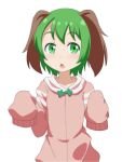  1girl animal_ears arms_up cato_(monocatienus) chestnut_mouth collarbone commentary_request eyebrows_visible_through_hair green_eyes green_hair hair_between_eyes jacket kasodani_kyouko light_blush looking_at_viewer open_mouth pink_jacket short_hair simple_background sleeves_past_fingers sleeves_past_wrists solo standing thick_eyebrows touhou upper_body white_background 