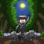  1girl animal animal_ears bangs black_hair common_raccoon_(kemono_friends) gloves hand_up kemono_friends march moon multicolored_hair open_mouth smile tail umikazenet3 