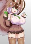  1girl :3 :d animal_ear_fluff animal_ears bangs bare_shoulders book breasts brown_hair commentary cowboy_shot eyebrows_visible_through_hair fang green_eyes green_neckwear grey_background highres holding holding_book holding_pencil huge_breasts large_tail looking_away mechanical_pencil monster_girl_encyclopedia multicolored_hair nav necktie open_mouth pencil ratatoskr_(monster_girl_encyclopedia) shirt short_hair simple_background sleeveless sleeveless_shirt smile solo squirrel_ears squirrel_tail tail white_hair wing_collar 