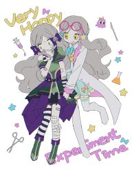  01sh110sush1 :q bandaged_leg bandages bandaid bandaid_on_arm bandaid_on_cheek bandaid_on_face bandaid_on_leg collar cosplay dress dual_persona english_text erlenmeyer_flask expressionless eyewear_on_head flask fluffy_hair forceps frankenstein&#039;s_monster frankenstein&#039;s_monster_(cosplay) full_body green_dress hair_ribbon halloween_costume hand_to_own_mouth handa_roco highres holding_another&#039;s_wrist idolmaster idolmaster_million_live! idolmaster_million_live!_theater_days lab_coat long_hair long_sleeves looking_at_viewer looking_to_the_side mad_scientist official_alternate_costume parted_bangs pink-framed_eyewear polka_dot polka_dot_skirt puffy_short_sleeves puffy_sleeves purple_dress ribbon scalpel short_sleeves single_thighhigh skirt star_(symbol) striped_clothes striped_thighhighs sweatdrop syringe thigh-highs tongue tongue_out twintails very_long_hair wavy_hair white_collar white_thighhighs yellow_eyes zettai_ryouiki 