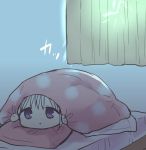  1girl bangs bed chibi closed_mouth commentary_request copyright_request curtains fukuma333 indoors lightning pillow pink_hair scared solo under_covers violet_eyes 