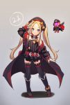 1girl 1other abigail_williams_(fate/grand_order) arm_up bangs belt belt_buckle beret black_bow black_dress black_footwear black_headwear black_jacket black_legwear blonde_hair blue_eyes blush bow buckle chain closed_mouth commentary cosplay cute dress english_commentary eyebrows_visible_through_hair fate/grand_order fate_(series) frilled_dress frills full_body grey_background hat helena_blavatsky_(fate/grand_order) helena_blavatsky_(fate/grand_order)_(cosplay) jacket loli long_hair long_sleeves looking_at_viewer miya_(pixiv15283026) open_clothes open_jacket orange_bow parted_bangs peaked_cap red_belt ribbed_legwear salute shadow shoes short_dress smile solo standing strapless strapless_dress stuffed_animal stuffed_toy teddy_bear thigh-highs twintails type-moon very_long_hair 