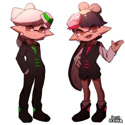 +_+ 2boys 2girls alternate_costume black_suit business_suit callie_(splatoon) cousins formal genderswap genderswap_(ftm) hands_in_pockets looking_at_viewer marie_(splatoon) mole mole_under_eye multiple_boys multiple_girls pantyhose smile splatoon_(series) suit wuju59 