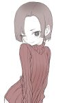  1girl ;) absurdres bangs brown_eyes brown_hair brown_sweater closed_mouth copyright_request forehead highres looking_at_viewer one_eye_closed parted_bangs ribbed_sweater simple_background sketch smile solo sweater turtleneck turtleneck_sweater wavy_mouth white_background yamamoto_souichirou 