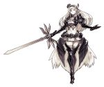  1girl armor braid breasts crown gauntlets greaves hair_ornament holding holding_sword holding_weapon large_breasts long_hair navel pauldrons princess_battle_royale simple_background skirt smile standing sword thigh-highs tsuyoshi_takaki weapon white_background zettai_ryouiki 