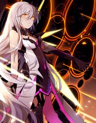  1girl ahoge armor armored_dress bangs bare_shoulders breasts dark_persona dimensional_hole dress elbow_gloves energy_wings expressionless eyebrows_visible_through_hair floating floating_weapon fur_collar gloves hair_between_eyes hair_ornament honkai_(series) honkai_impact_3rd kiana_kaslana kiana_kaslana_(herrscher_of_the_void) large_breasts lnnnnnnn long_hair looking_at_viewer medium_breasts polearm sidelocks silver_hair single_elbow_glove sky solo spear symbol-shaped_pupils thigh-highs very_long_hair weapon yellow_eyes 