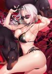  1girl ass bikini black_bikini bracelet breasts carmilla_(fate/grand_order) carmilla_(swimsuit_rider)_(fate) chain choker doberman dog fate/grand_order fate_(series) feet_out_of_frame gold_chain gold_trim gun handgun jewelry large_breasts layered_bikini legs_folded lips long_hair lying navel okitakung parted_lips pistol side-tie_bikini signature sunglasses swimsuit twisted_torso weapon white_hair 