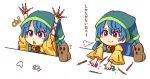  1girl =_= ? arms_up bangs blue_hair blush_stickers chibi chisel commentary dress english_commentary eyebrows_visible_through_hair hair_between_eyes haniwa_(statue) haniyasushin_keiki head_scarf holding jewelry long_hair long_sleeves magatama magatama_necklace multiple_views necklace open_mouth smile sweat touhou translated upper_body violet_eyes wide_sleeves wool_(miwol) yellow_dress 