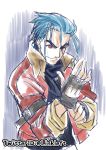  1boy blue_hair closed_mouth commentary_request gloves janus_cascade link_(aa30) looking_at_viewer simple_background smile solo white_background wild_arms wild_arms_3 