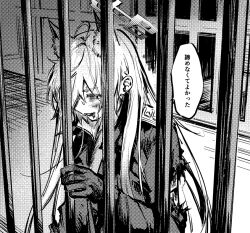  1girl animal_ear_fluff animal_ears black_coat black_gloves blood blood_on_face blue_archive coat extra_ears gloves holding_bars injury kanna_(blue_archive) scrape smile sweatdrop tsuno_(tnngur) 