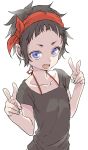  1girl absurdres black_hair black_shirt blue_eyes collarbone copyright_request double_v fang fingernails forehead hands_up highres looking_at_viewer open_mouth shirt short_sleeves simple_background solo upper_body v v-shaped_eyebrows white_background yamamoto_souichirou 