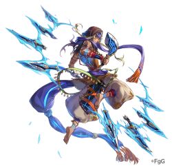  1boy arm_tattoo back_tattoo bandana blonde_hair blue_eyes commentary_request dare_ga_tame_no_alchemist dark-skinned_male dark_skin dual_wielding floating_scarf full_body glowing_tattoo holding knife kukri looking_at_viewer looking_back lucian_(dare_ga_tame_no_alchemist) male_focus no_socks official_art purple_scarf scarf shibuhiko short_sword simple_background solo sword tattoo third-party_source transparent_background weapon 