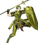  1boy armor armored_boots boots fire_emblem fire_emblem_echoes:_shadows_of_valentia fire_emblem_heroes forsyth_(fire_emblem) full_body gloves green_eyes green_hair highres official_art open_mouth polearm shield solo spear teeth transparent_background weapon 