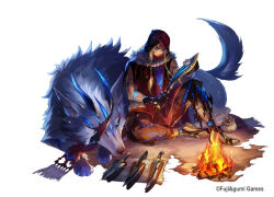  1boy arm_tattoo blonde_hair blue_eyes bonfire creature dare_ga_tame_no_alchemist dark-skinned_male dark_skin full_body glowing_tattoo holding holding_sword holding_weapon knife kukri looking_at_object lucian_(dare_ga_tame_no_alchemist) male_focus no_socks official_alternate_costume official_art outdoors sandals shibuhiko short_sword simple_background sitting solo sword tattoo third-party_source weapon white_background wolf 