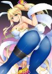  1girl ahoge animal_ears artoria_pendragon_(all) artoria_pendragon_(swimsuit_ruler)_(fate) ass bangs bent_over blonde_hair blue_legwear blush braid breasts bunny_tail bunnysuit card detached_collar fate/grand_order fate_(series) feather_boa fishnet_pantyhose fishnets french_braid gradient gradient_background green_eyes hair_between_eyes highleg highleg_leotard large_breasts leotard long_hair looking_at_viewer looking_back namonashi pantyhose ponytail purple_background rabbit_ears sidelocks solo tail thigh_strap thighs tiara white_leotard wrist_cuffs 