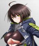  1girl ahoge azur_lane baltimore_(azur_lane) bangs black_choker blue_coat blush braid breasts brown_hair choker closed_mouth clothes_writing coat covered_nipples eyebrows_visible_through_hair green_coat grey_background hair_between_eyes highres large_breasts light_frown looking_at_viewer multicolored_coat open_clothes open_coat outstretched_arm shiny shiny_hair short_hair simple_background solo under_boob underboob_cutout upper_body yellow_eyes yuuk33 