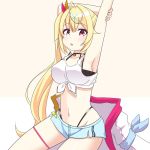  1girl ahoge armpits arms_up bare_arms blonde_hair blue_shorts breasts commentary_request crop_top front-tie_top fyvccpwdmk8ikvu hair_ornament hair_ribbon heterochromia highleg hoshikawa_sara jacket jacket_removed large_breasts long_hair looking_at_viewer midriff navel nijisanji parted_lips red_eyes ribbon shirt short_shorts shorts side_ponytail sitting sleeveless sleeveless_shirt solo stomach stretch tank_top thigh_strap thighs very_long_hair virtual_youtuber white_jacket white_shirt x_hair_ornament yellow_eyes 