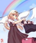  1girl alternate_costume alternate_hairstyle artist_logo black_ribbon blonde_hair blue_sky blush clothesline clouds commentary_request cowboy_shot dated day green_eyes hair_ribbon highres holding_clothes kanon_(kurogane_knights) kantai_collection laundry laundry_basket long_hair looking_at_viewer low_twintails outdoors rainbow ribbon sky solo standing straight_hair twintails white_background yuudachi_(kantai_collection) 