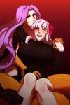  2girls breasts claws corruption creampan dark_persona dark_sakura dress fate/grand_order fate/stay_night fate_(series) gorgon gorgon_(fate) hair_ribbon heaven&#039;s_feel holding_hands huge_breasts large_breasts long_hair long_sleeves looking_at_viewer matou_sakura monster_girl multiple_girls purple_hair red_background red_eyes ribbon rider scales slit_pupils smile snake snake_hair snake_tail square_pupils striped tail turtleneck very_long_hair violet_eyes white_hair 