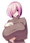  1girl blush breasts fate/grand_order fate_(series) hair_over_one_eye highres huge_breasts long_sleeves looking_at_viewer mash_kyrielight nokoppa purple_hair ribbed_sweater short_hair smile solo sweater turtleneck turtleneck_sweater violet_eyes 