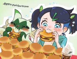  1girl alternate_hairstyle blue_eyes blue_hair blush burger cheese claws closed_eyes cup eating floragato food h_renah hair_ornament hairclip holding ketchup liko_(pokemon) looking_down milkshake pokemon pokemon_(anime) pokemon_(creature) pokemon_horizons twintails wavy_mouth whipped_cream 