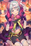  1boy animal_ears bangs belt black_shorts blue_hair blush commentary ensemble_stars! eyebrows_visible_through_hair gloves green_ribbon halloween highres looking_at_viewer male_focus pumpkin rabbit_ears red_belt red_gloves ribbon shino_hajime shirakino shorts smile solo tongue tongue_out violet_eyes white_bandages 