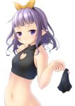  1girl bangs bare_arms bare_shoulders bikini bikini_bottom_removed black_bikini blush breasts closed_mouth collarbone commentary_request forehead hair_ribbon heart_cutout highres long_hair looking_at_viewer navel orange_ribbon original pointy_ears purple_hair ribbon shibacha simple_background small_breasts solo stomach swimsuit upper_body violet_eyes white_background 
