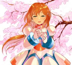  1girl armor blush brown_hair cairngorm999 cherry_blossoms dress falling_petals flower green_eyes highres holding holding_flower iris_(mega_man) long_hair mega_man_(series) mega_man_x_(series) mega_man_xtreme_2 official_alternate_color official_alternate_costume petals solo tree upper_body white_background white_dress 