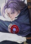  1boy backlighting blue_eyes blurry blurry_background capsule_corp close-up closed_mouth denim denim_jacket dragon_ball dragon_ball_z expressionless face fighting_stance floating_hair grey_background hair_over_one_eye jacket looking_at_viewer male_focus messy_hair outstretched_arms purple_hair realistic rejean_dubois simple_background trunks_(future)_(dragon_ball) twitter_username upper_body watermark web_address 