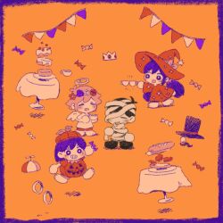  1girl 3boys alternate_costume aubrey_(headspace)_(omori) aubrey_(omori) basil_(headspace)_(omori) basil_(omori) black_hair black_hat blush cake chibi chibi_only closed_eyes colored_skin crown facial_hair fake_halo flower food grin halloween_costume halo hat head_wreath kel_(headspace)_(omori) kel_(omori) long_hair monocle multiple_boys mustache omori omori_(omori) open_mouth orange_background parted_lips princess_ghost_(omori) propeller_ghost_(omori) propeller_hat purple_hair short_hair simple_background smile sun_iiinu teeth top_hat tophat_ghost_(omori) violet_eyes white_skin 