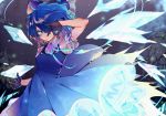  1girl armband blue_eyes blue_hair bow cirno commentary_request dress gloves glowing hair_bow hair_over_one_eye hand_up ice ice_wings marchab_66 ribbon shirt short_hair short_sleeves solo touhou upper_body white_shirt wings 