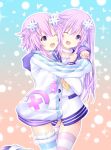  2girls blush cheek-to-cheek choker dress hair_between_eyes happy hood hooded_jacket hug jacket joney long_hair multiple_girls nepgear neptune_(neptune_series) neptune_(series) one_eye_closed open_mouth purple_hair sailor_dress short_hair siblings sisters smile striped striped_legwear thigh-highs white_choker 