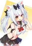  1girl anchor_choker animal_ear_fluff animal_ears azur_lane bangs black_ribbon black_sailor_collar black_skirt blush bow breasts cat_ears choker commentary_request crop_top etto_eat eyebrows_visible_through_hair fang hair_bow hair_ribbon highres looking_to_the_side medium_breasts medium_hair miniskirt navel neck_ribbon open_mouth paw_pose pleated_skirt red_ribbon ribbon sailor_collar sidelocks skirt smile solo stomach suspender_skirt suspenders twintails white_hair yukikaze_(azur_lane) 