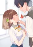  1boy 1girl bangs blue_eyes blue_skirt blurry blurry_background blush bob_cut bow bowtie braid breasts brown_hair chopsticks closed_mouth clothes_grab clover_hair_ornament collared_shirt commentary_request finger_to_mouth fingernails food hair_ornament hetero highres looking_at_another medium_breasts o3o official_art one_eye_closed orange_nails osananajimi_ga_zettai_ni_makenai_lovecome pleated_skirt sausage school_uniform shigure_ui shirt short_hair short_sleeves side_braid single_braid skirt smile sweatdrop sweater_vest tako-san_wiener upper_body violet_eyes yellow_bow yellow_neckwear 