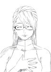  1girl closed_eyes eyebrows_behind_hair glasses gyakuten_saiban gyakuten_saiban_2 hair_over_one_eye hand_on_own_chest hatching_(texture) highres kamiya_kirio lee_(dragon_garou) monochrome sketch smile solo upper_body 