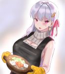  1girl apron bare_arms breasts earrings fate/grand_order fate_(series) food hair_ornament holding holding_food jewelry kama_(fate/grand_order) large_breasts meme_attire open-chest_sweater pink_eyes pot ribbon standing sweatdrop sweater white_hair zenshin 