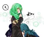  2girls blue_hair blush bow byleth_(fire_emblem) byleth_eisner_(female) fire_emblem fire_emblem:_three_houses flayn_(fire_emblem) from_side garreg_mach_monastery_uniform green_eyes green_hair hair_ornament highres long_hair long_sleeves multiple_girls open_mouth oroshipon_zu simple_background translated uniform white_background yellow_bow 