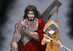  1boy 1girl :&lt; abs absurdres bead_necklace beads black_hair blank_eyes cross crown_of_thorns dingotoad frown grey_background highres hole_in_hand hood hood_up hooded_coat jesus jewelry jitome jubilee_2025 latin_cross long_hair long_sleeves looking_at_viewer luce_(jubilee_2025) necklace red_robe robe shirt short_hair standing the_bible upper_body v-shaped_eyebrows white_shirt yellow_raincoat 