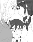  3girls bags_under_eyes black_hair breasts character_request closed_mouth commentary_request confrontation eye_contact faceoff greyscale highres hyakuen_raitaa kuroki_tomoko long_hair looking_at_another monochrome multiple_girls necktie open_mouth watashi_ga_motenai_no_wa_dou_kangaetemo_omaera_ga_warui! 