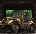  2girls :| akitsu_maru_(kantai_collection) annin_musou black_eyes black_footwear black_hair black_headwear black_jacket black_legwear black_skirt boots cape car chibi closed_mouth commentary_request dappled_sunlight fairy_(kantai_collection) frown gloves ground_vehicle gun hair_between_eyes hat holding holding_gun holding_paper holding_weapon jacket kantai_collection long_sleeves military military_uniform miniskirt motor_vehicle multiple_girls ofuda pale_skin paper peaked_cap pleated_skirt short_hair size_difference skirt stairs standing sunlight thigh-highs torii uniform v-shaped_eyebrows vehicle_request weapon white_gloves wide_shot zettai_ryouiki 