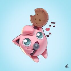  1other 2016 aqua_eyes arm_up artist_name balloon_(pokemon) blue_background cat_ears commentary_request cookie creatures_(company) dated female food full_body game_freak gen_1_pokemon happy heart highres holding jigglypuff jumping looking_up microphone music musical_note nicholas_theil nintendo olm_digital open_mouth pokemon pokemon_(creature) signature simple_background singing smile 