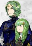  1boy 1girl beard bow brother_and_sister closed_mouth facial_hair fire_emblem fire_emblem:_three_houses flayn_(fire_emblem) garreg_mach_monastery_uniform green_eyes green_hair hair_ornament highres kyufe long_hair seteth_(fire_emblem) short_hair siblings uniform upper_body yellow_bow 