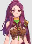  1girl closed_mouth earrings facial_mark fire_emblem fire_emblem:_three_houses grey_background grimmelsdathird highres jewelry long_hair petra_macneary purple_hair simple_background smile solo twitter_username upper_body 