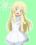  1girl blonde_hair blush braid creatures_(company) dress female_focus game_freak green_eyes highres kuro_hopper lillie_(pokemon) long_hair nintendo olm_digital open_mouth pokemon pokemon_(anime) pokemon_(game) pokemon_sm pokemon_sm_(anime) smile solo sugimori_ken_(style) sun white_dress 