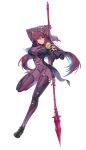  1girl bangs blush bodysuit breasts capelet circlet covered_navel damda fate/grand_order fate_(series) full_body gae_bolg hair_intakes large_breasts legs long_hair looking_at_viewer pauldrons polearm purple_bodysuit purple_hair red_eyes scathach_(fate)_(all) scathach_(fate/grand_order) simple_background smile solo spear veil weapon white_background 