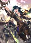  1girl armor blue_eyes blue_hair byleth_(fire_emblem) byleth_eisner_(female) cape castle clouds company_name copyright_name fingerless_gloves fire_emblem fire_emblem:_three_houses fire_emblem_cipher gloves helmet holding holding_sword holding_weapon medium_hair official_art open_mouth outdoors polearm sheath sheathed sky suzuki_rika sword weapon 