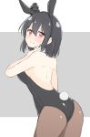  1girl absurdres animal_ears ass bangs bare_arms bare_shoulders black_hair black_leotard blush breasts brown_legwear bunny_girl bunny_tail bunnysuit closed_mouth eyebrows_visible_through_hair grey_background hair_between_eyes hair_ornament highres kantai_collection leaning_forward leotard looking_at_viewer looking_back medium_breasts pantyhose rabbit_ears red_eyes sakikumo_(sakumo) solo tail two-tone_background white_background yamashiro_(kantai_collection) 